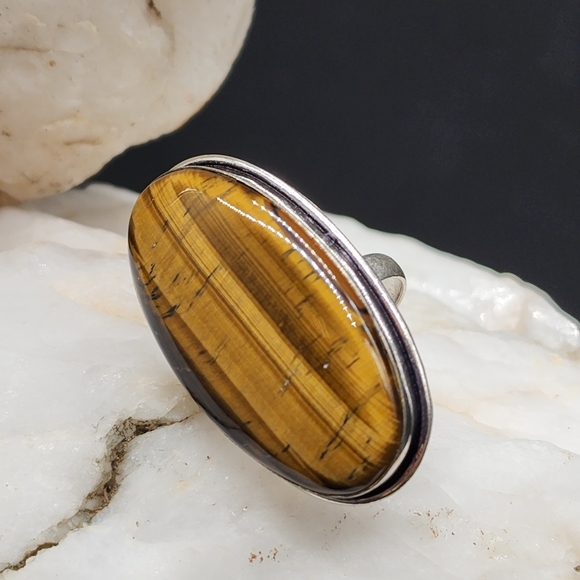 Natural Large Tiger Eye Cabochon Stone White Rhodium/Silver Artisan Ring - Picture 8 of 10
